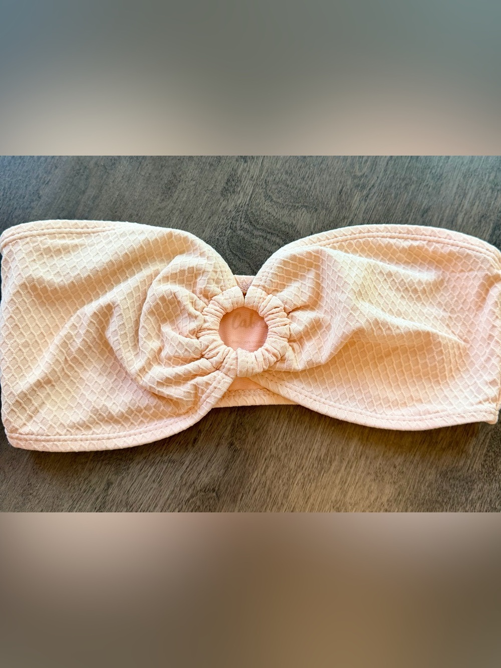 Bikini Top, Lulu's Cream Textured Ring-Front Bandeau with Pink Lining